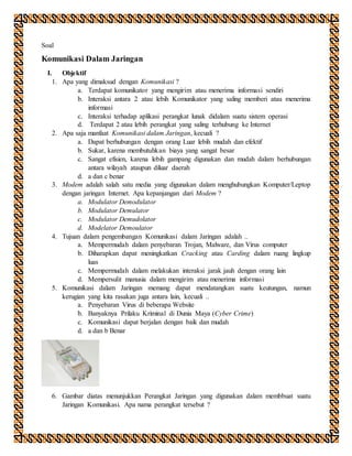 Soal
Komunikasi Dalam Jaringan
I. Objektif
1. Apa yang dimaksud dengan Komunikasi ?
a. Terdapat komunikator yang mengirim atau menerima informasi sendiri
b. Interaksi antara 2 atau lebih Komunikator yang saling memberi atau menerima
informasi
c. Interaksi terhadap aplikasi perangkat lunak didalam suatu sistem operasi
d. Terdapat 2 atau lebih perangkat yang saling terhubung ke Internet
2. Apa saja manfaat Komunikasi dalam Jaringan, kecuali ?
a. Dapat berhubungan dengan orang Luar lebih mudah dan efektif
b. Sukar, karena membutuhkan biaya yang sangat besar
c. Sangat efisien, karena lebih gampang digunakan dan mudah dalam berhubungan
antara wilayah ataupun diluar daerah
d. a dan c benar
3. Modem adalah salah satu media yang digunakan dalam menghubungkan Komputer/Leptop
dengan jaringan Internet. Apa kepanjangan dari Modem ?
a. Modulator Demodulator
b. Modulator Demulator
c. Modulator Demudolator
d. Modelator Demoulator
4. Tujuan dalam pengembangan Komunikasi dalam Jaringan adalah ..
a. Mempermudah dalam penyebaran Trojan, Malware, dan Virus computer
b. Diharapkan dapat meningkatkan Cracking atau Carding dalam ruang lingkup
luas
c. Mempermudah dalam melakukan interaksi jarak jauh dengan orang lain
d. Mempersulit manusia dalam mengirim atau menerima informasi
5. Komunikasi dalam Jaringan memang dapat mendatangkan suatu keutungan, namun
kerugian yang kita rasakan juga antara lain, kecuali ..
a. Penyebaran Virus di beberapa Website
b. Banyaknya Prilaku Kriminal di Dunia Maya (Cyber Crime)
c. Komunikasi dapat berjalan dengan baik dan mudah
d. a dan b Benar
6. Gambar diatas menunjukkan Perangkat Jaringan yang digunakan dalam membbuat suatu
Jaringan Komunikasi. Apa nama perangkat tersebut ?
 