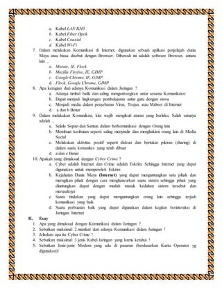 a. Kabel LAN RJ45
b. Kabel Fiber Optik
c. Kabel Coaxial
d. Kabel Wi-Fi
7. Dalam melakukan Komunikasi di Internet, digunakan sebuah aplikasi penjelajah dunia
Maya atau biasa disebut dengan Browser. Dibawah ini adalah software Browser, antara
lain ..
a. Mozaic, IE, Flock
b. Mozilla Firefox, IE, GIMP
c. Google Chrome, IE, GIMP
d. Flock, Google Chrome, GIMP
8. Apa kerugian dari adanya Komunikasi dalam Jaringan ?
a. Adanya timbal balik dan saling menguntungkan antar sesama Komunikator
b. Dapat menjadi lingkungan pembelajaran antar guru dengan siswa
c. Menjadi media dalam penyebaran Virus, Trojan, atau Malwer di Internet
d. a dan b Benar
9. Dalam melakukan Komunikasi, kita wajib mengikuti aturan yang berlaku. Salah satunya
adalah ..
a. Selalu Sopan dan Santun dalam berkomunikasi dengan Orang lain
b. Membuat keributan seperti saling menyindir dan menghakimi orang lain di Media
Social
c. Melakukan aktivitas positif seperti diskusi dan bertukar pikiran (sharing) di
dalam suatu komunitas yang telah dibuat
d. a dan c Benar
10. Apakah yang dimaksud dengan Cyber Crime ?
a. Cyber adalah Internet dan Crime adalah Eskrim. Sehingga Internet yang dapat
digunakan untuk memperoleh Eskrim
b. Kejahatan Dunia Maya (Internet) yang dapat menguntungkan satu pihak dan
merugikan pihak dengan cara menghancurkan suatu sistem sehingga pihak yang
diuntungkan dapat dengan mudah masuk kedalam sistem tersebut dan
merusaknya
c. Suatu tindakan yang dapat menguntungkan orang lain sehingga terjadi
komunikasi yang baik
d. Suatu perbuatan baik yang dapat digunakan dalam kegitan berinteraksi di
Jaringan Internet
II. Esay
1. Apa yang dimaksud dengan Komunikasi dalam Jaringan ?
2. Sebutkan maksimal 2 manfaat dari adanya Komunikasi dalam Jaringan !
3. Jelaskan apa itu Cyber Crime !
4. Sebutkan maksimal 3 jenis Kabel Jaringan yang kamu ketahui !
5. Sebutkan Jenis-jenis Modem yang ada di pasaran (berdasarkan Kartu Operator yg
digunakan)!
 