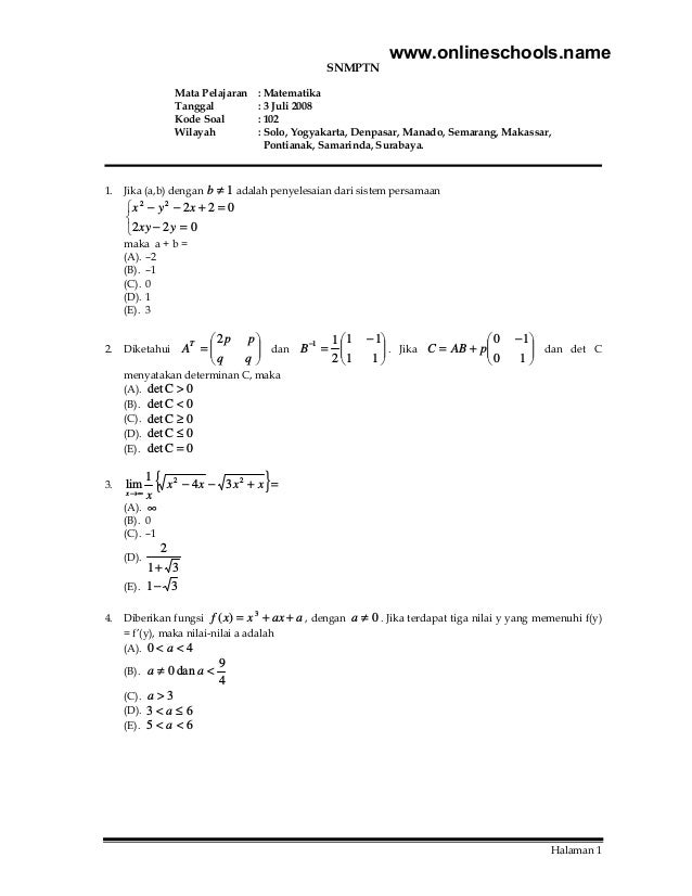 Soal Matematika Ipa Snmptn 2008 102