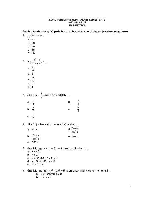 Soal Matematika Kelas Xi Sma Persiapan Ujian Akhir Semester 2