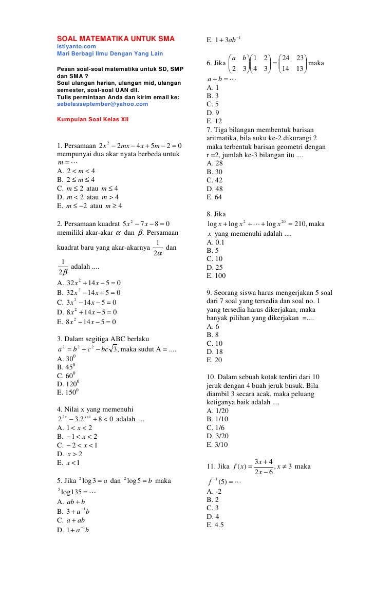 Soal Matematika Untuk Sma Kumpulan Soal