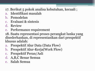 17. Berikut 5 pokok analisa kebutuhan, kecuali ;
a. Identifikasi masalah
b. Pemodelan
c. Evaluasi & sintesis
d. Review
e. Performance requirement
18. Suatu representasi proses perangkat lunka yang
disederhankan, di representasikan dari prespektif
khusus adalah:
a. Prespektif Alur Data (Data Flow)
b. Prespektif Alur-Kerja(Work Flow)
c. Prespektif Peran/Asli
d. A,B,C Benar Semua
e. Salah Semua
 