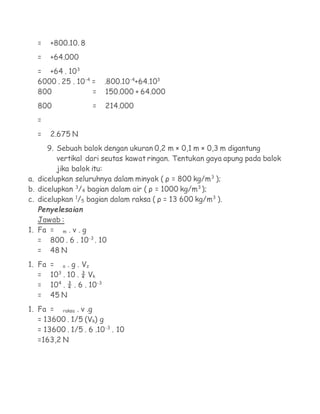 =    +800.10. 8
   =    +64.000
   = +64 . 103
   6000 . 25 . 10-4 =        .800.10-4+64.103
   800              =         150.000 + 64.000
   800                =      214.000
   =
   =    2.675 N
      9. Sebuah balok dengan ukuran 0,2 m × 0,1 m × 0,3 m digantung
         vertikal dari seutas kawat ringan. Tentukan gaya apung pada balok
         jika balok itu:
a. dicelupkan seluruhnya dalam minyak ( ρ = 800 kg/m3 );
b. dicelupkan 3/4 bagian dalam air ( ρ = 1000 kg/m3 );
c. dicelupkan 1/5 bagian dalam raksa ( ρ = 13 600 kg/m3 ).
   Penyelesaian
   Jawab :
1. Fa = m . v . g
   = 800 . 6 . 10-3 . 10
   = 48 N
1. Fa   = a . g . Vz
   =    103 . 10 . ¾ Vk
   =    104 . ¾ . 6 . 10-3
   =    45 N
1. Fa = raksa . v .g
   = 13600 . 1/5 (Vk) g
   = 13600 . 1/5 . 6 .10-3 . 10
   =163,2 N
 