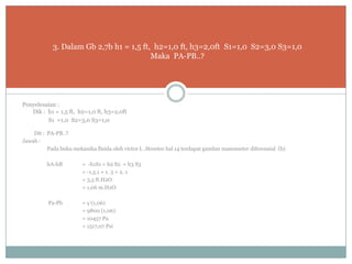 3. Dalam Gb 2,7b h1 = 1,5 ft, h2=1,0 ft, h3=2,0ft S1=1,0 S2=3,0 S3=1,0
Maka PA-PB..?
Penyelesaian :
Dik : h1 = 1,5 ft, h2=1,0 ft, h3=2,0ft
S1 =1,0 S2=3,0 S3=1,0
Dit : PA-PB..?
Jawab :
Pada buku mekanika fluida oleh victor L .Streeter hal 14 terdapat gambar manometer diferensial (b)
hA-hB = -h1S1 + h2 S2 + h3 S3
= -1,5.1 + 1. 3 + 2. 1
= 3,5 ft.H2O
= 1,06 m.H2O
Pa-Pb = γ (1,06)
= 9800 (1,06)
= 10457 Pa
= 1517,07 Psi
 