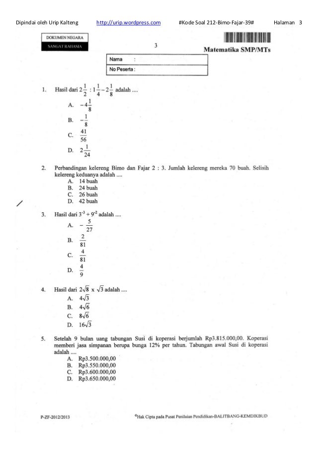Soal un matematika smp 21 212 bimo fajar 39 Soal un matematika smp 21 212 bimo fajar 39