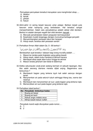 Pernyataan-pernyataan tersebut merupakan cara menghindari sikap ....
         A. takabur
         B. tamak
         C. ghibah
         D. hasud

     30. Akhir-akhir ini sering terjadi tawuran antar pelajar. Bahkan terjadi pula
         tawuran antar kampung yang berbatasan. Hal tersebut sangat
         memperihatinkan. Salah satu penyebabnya adalah akibat sifat dendam.
         Berikut ini adalah dampak negatif dari sifat dendam, kecuali....
          A. Merusak persahabatan dalam pergaulan bermasyarakat
          B. Kesehatan mudah terganggu dengan munculnya berbagai penyakit
          C. Menyeimbangkan perasaan takut dan harapan
          D. Hidup resah, tersiksa oleh perasaan sendiri

     31. Perhatikan firman Allah dalam Qs. 9 : 68 berikut !


         Berdasarkan ayat tersebut balasan bagi orang munafiq adalah ….
         A. Masuk ke neraka pada tingkatan yang paling bawah
         B. Hidup resah, dalam kubur tersiksa di akhirat merana
         C. Mendapat siksa sejak alam kubur hingga ke akhirat
         D. Masuk neraka jahanam dan kekal di dalamnya

     32. Ketika sekumpulan anak-anak sedang bermain di sebuah lapangan, tiba-
         tiba salah seorang diantara mereka dijilat anjing. Bagaimana cara
         bersucinya ?
          A. Membasuh bagian yang terkena tujuh kali salah satunya dengan
              tanah
          B. Menyiramkan air pada seluruh tubuh sehingga hilang bau, warna dan
              rasanya
          C. Membasuh dan menyiramkan air suci pada bagian yang terkena najis
          D. Memercikkan air suci pada bagian yang terkena najis

     33. Perhatikan tabel berikut !
          No Penyebab timbulnya hadas
           1. Buang air besar
           2. Buang air kecil
           3. Keluar angin melalui anus
           4. Mimpi basah keluar nutfah

         Penyebab mandi wajib ditunjukkan pada nomor... .
         A. 1
         B. 2



 

                                           12
  USBN PAI SMP 2010/2011 
                                                                                 
 