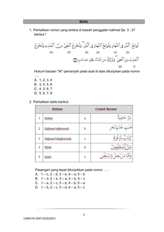SOAL

     1. Perhatikan nomor yang tertera di bawah penggalan kalimat Qs. 3 : 27
        berikut !




         Hukum bacaan "Al" qamariyah pada ayat di atas ditunjukan pada nomor
         ….
         A. 1, 2, 3, 4
         B. 3, 4, 5, 6
         C. 4, 5, 6, 7
         D. 5, 6, 7, 8

     2. Perhatikan table berikut :




         Pasangan yang tepat ditunjukkan pada nomor … .
         A. 1 – c, 2 – d, 3 – e, 4 – a, 5 – b
         B. 1 – d, 2 – e, 3 – a, 4 – b, 5 – c
         C. 1 – a, 2 – c, 3 – d, 4 – b, 5 – e
         D. 1 – b, 2 – c, 3 – d, 4 – a, 5 – c




 

                                        3
  USBN PAI SMP 2010/2011 
                                                                                
 