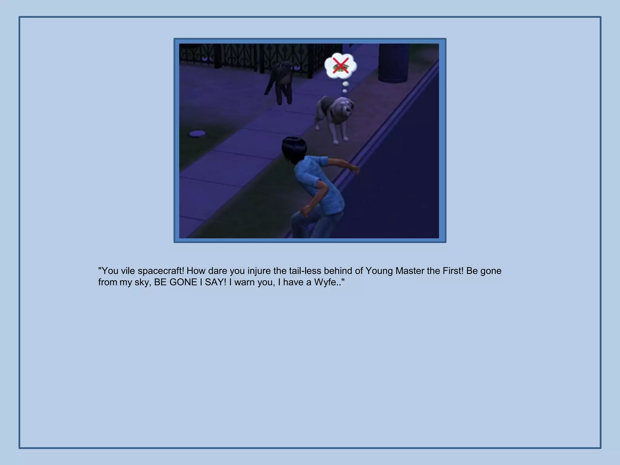 "You vile spacecraft! How dare you injure the tail-less behind of Young Master the First! Be gone
from my sky, BE GONE I SAY! I warn you, I have a Wyfe.."
 