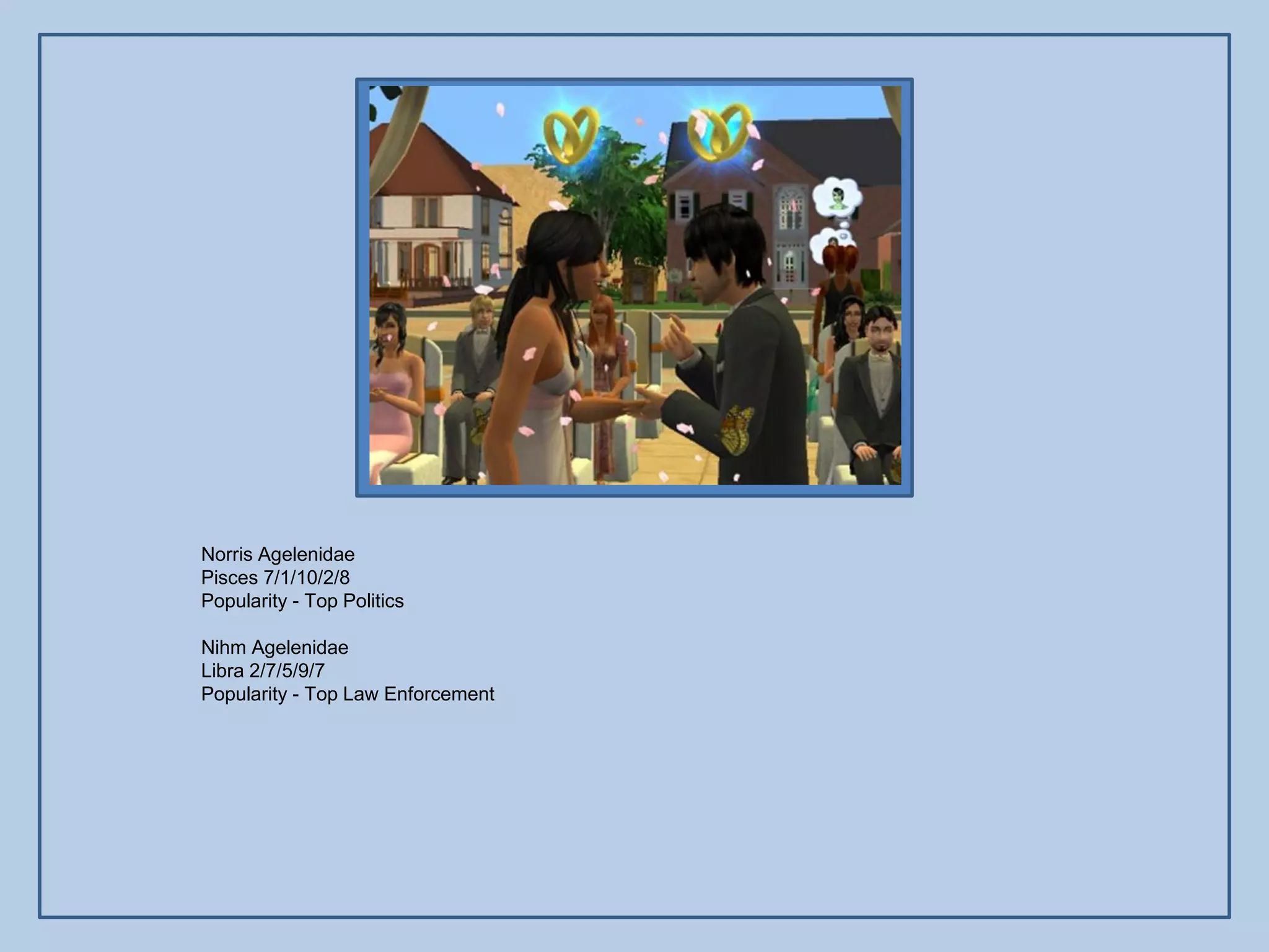 Norris Agelenidae
Pisces 7/1/10/2/8
Popularity - Top Politics

Nihm Agelenidae
Libra 2/7/5/9/7
Popularity - Top Law Enforcement
 