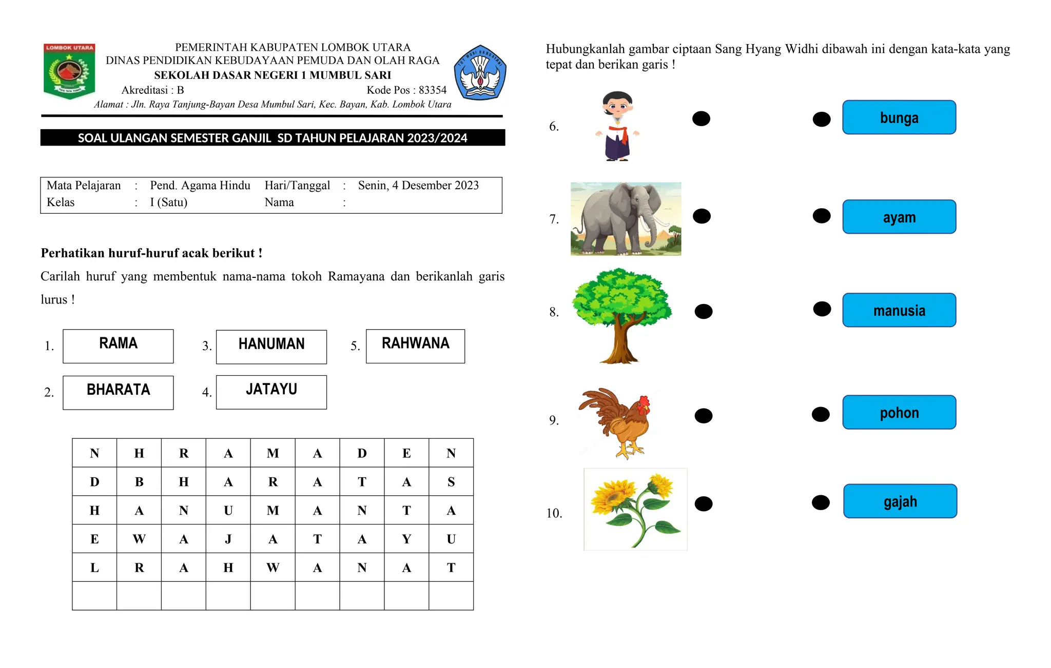 Contoh soal k13 kelas 1 agama hindu