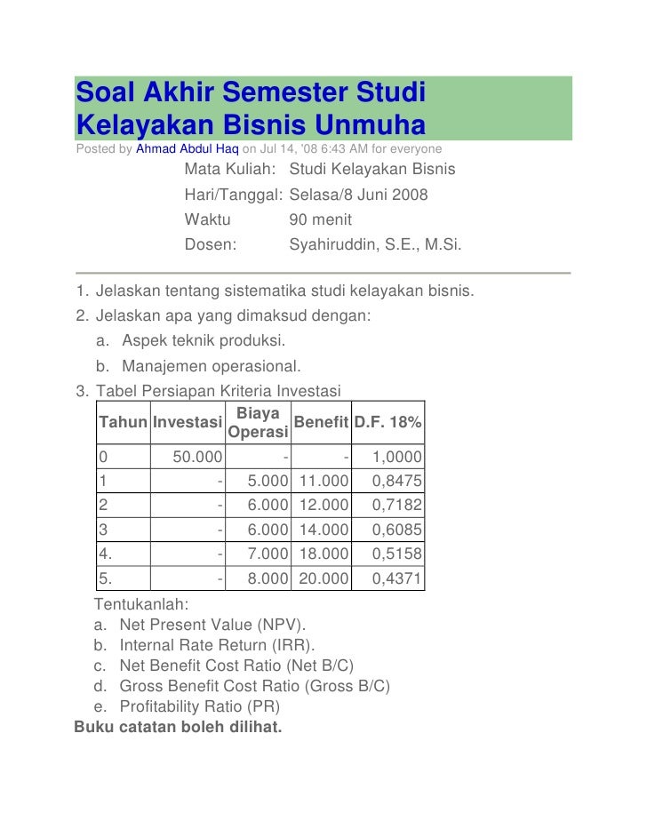 Soal Dan Jawaban Aspek Keuangan Dalam Studi Kelayakan Bisnis