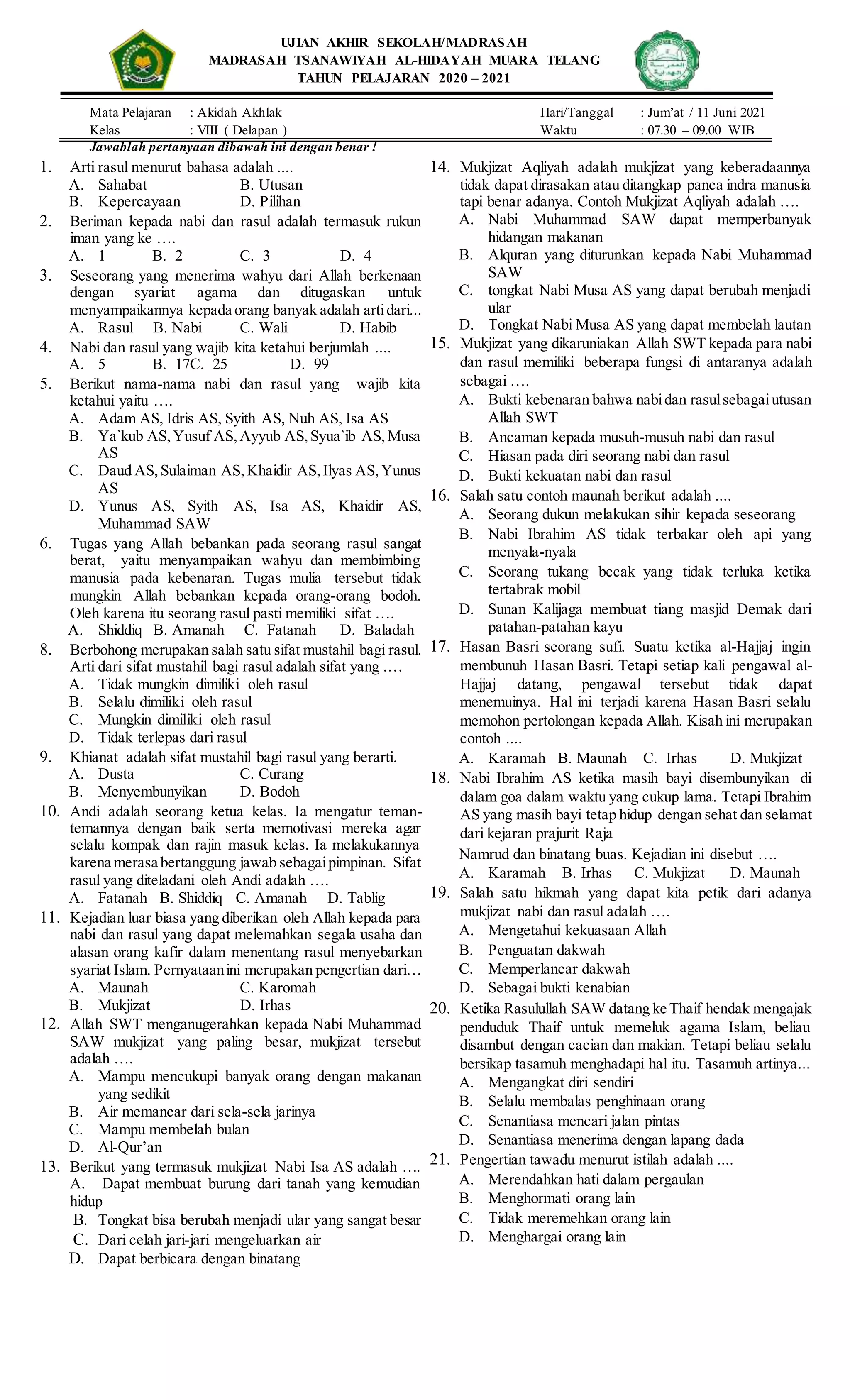 Download soal uts aqidah akhlak kelas 3 semester 1 Download soal uts aqidah akhlak kelas 3 semester 1