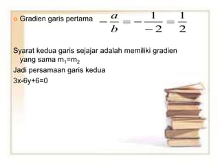  Gradien garis pertama
Syarat kedua garis sejajar adalah memiliki gradien
yang sama m1=m2
Jadi persamaan garis kedua
3x-6y+6=0
2
1
2
1



b
a
 
