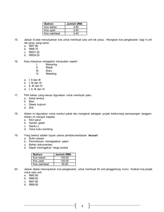 4
15. Jadual di atas menunjukkan kos untuk membuat satu unit rak pisau. Hitungkan kos pengeluaran bagi 4 unit
rak pisau yang sama
a. RM7.80
b. RM8.70
c. RM31.20
d. RM34.20
16. Kayu biasanya mengalami kecacatan seperti
I. Berspring
II. Retak
III. Buku
IV. Meleding
a. I, II dan III
b. I, III dan IV
c. II, III dan IV
d. I, II, III dan IV
17. Pilih bahan yang sesuai digunakan untuk membuat paku
a. Keluli lembut
b. Besi
c. Dawai kuprum
d. Zink
18. Alatan ini digunakan untuk menkul pahat dan mengetuk bahagian projek ketika kerja pemasangan tanggam.
Alatan ini merujuk kepada
a. Kikir parut
b. Gandin getah
c. Sesiku L
d. Tukul kuku kambing
19. Yang berikut adalah tujuan utama pendokumentasian kecuali
a. Bukti ciptaan
b. Permohonan mendapatkan paten
c. Bahan dokumentasi
d. Dapat meninggikan harga produk
20. Jadual diatas menunjukkan kos pengeluaran untuk membuat 50 unit penggantung kunci. Kirakan kos projek
untuk satu unit.
a. RM5.60
b. RM6.60
c. RM7.60
d. RM8.60
Butiran Jumlah (RM)
Kos bahan 4.80
Kos upah 2.60
Kos overhead 0.40
Butiran Jumlah (RM)
Kos bahan 155.00
Kos upah 120.00
Kos overhead 55.00
 