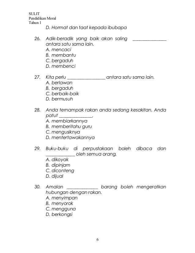 Soalan pendidikan moral tahun 1