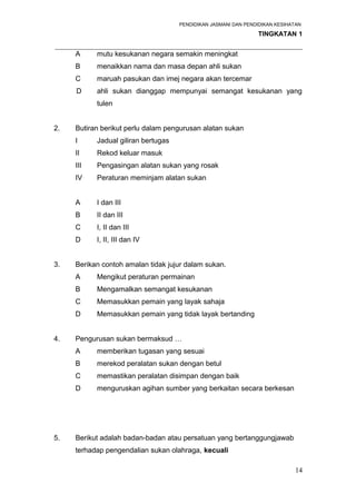 PENDIDIKAN JASMANI DAN PENDIDIKAN KESIHATAN 
TINGKATAN 1 
_____________________________________________________________________ 
A mutu kesukanan negara semakin meningkat 
B menaikkan nama dan masa depan ahli sukan 
C maruah pasukan dan imej negara akan tercemar 
D ahli sukan dianggap mempunyai semangat kesukanan yang 
tulen 
2. Butiran berikut perlu dalam pengurusan alatan sukan 
I Jadual giliran bertugas 
II Rekod keluar masuk 
III Pengasingan alatan sukan yang rosak 
IV Peraturan meminjam alatan sukan 
A I dan III 
B II dan III 
C I, II dan III 
D I, II, III dan IV 
3. Berikan contoh amalan tidak jujur dalam sukan. 
A Mengikut peraturan permainan 
B Mengamalkan semangat kesukanan 
C Memasukkan pemain yang layak sahaja 
D Memasukkan pemain yang tidak layak bertanding 
4. Pengurusan sukan bermaksud … 
A memberikan tugasan yang sesuai 
B merekod peralatan sukan dengan betul 
C memastikan peralatan disimpan dengan baik 
D menguruskan agihan sumber yang berkaitan secara berkesan 
5. Berikut adalah badan-badan atau persatuan yang bertanggungjawab 
terhadap pengendalian sukan olahraga, kecuali 
14 
 