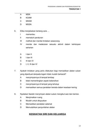 PENDIDIKAN JASMANI DAN PENDIDIKAN KESIHATAN 
TINGKATAN 1 
_____________________________________________________________________ 
A MSN 
B KOAM 
C MSSM 
D MSSN 
6. Etika menjelaskan tentang cara … 
I memantau 
II mematuhi peraturan 
III melihat dan menilai tindakan seseorang 
IV menilai dan melakukan sesuatu aktiviti dalam kehidupan 
seharian 
A I dan II 
B I dan III 
C III dan IV 
D I, II, III dan IV 
7. Apakah tindakan yang perlu dilakukan bagi memastikan alatan sukan 
yang diperbuat daripada logam tidak mudah berkarat? 
A menyimpannya di tempat lembap 
B tidak mementingkan aspek kebersihan 
C menyimpannya di tempat yang tertutup 
D memastikan semua peralatan berada dalam keadaan kering 
8. Nyatakan faedah menyimpan alatan sukan mengikut saiz dan bentuk. 
A Menjimatkan ruang 
B Mudah untuk dilupuskan 
C Memastikan peralatan selamat 
D Memudahkan penjumlahan alatan 
KESIHATAN DIRI DAN KELUARGA 
15 
 