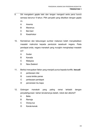 PENDIDIKAN JASMANI DAN PENDIDIKAN KESIHATAN 
TINGKATAN 1 
_____________________________________________________________________ 
9. Siti mengalami gejala kaki dan tangan mengecil serta perut buncit 
semasa berumur 9 tahun. Pilih penyakit yang dikaitkan dengan gejala 
ini. 
A Anemia 
B Maramus 
C Beri-beri 
D Kwashiokor 
10. Kemiskinan dan kekurangan sumber makanan boleh menyebabkan 
masalah malnutrisi kepada penduduk sesebuah negara. Pada 
pendapat anda, negara manakah yang mungkin menghadapi masalah 
ini? 
A Sudan 
B Kanada 
C Malaysia 
D New Zealand 
11. Berikut merupakan faktor yang menjadi punca kepada konflik, kecuali 
A perbezaan nilai 
B cuaca terlalu panas 
C perbezaan pendapat 
D penceraian ibu bapa 
12. Golongan manakah yang paling ramai terbabit dengan 
penyalahgunaan bahan terutamanya dadah, rokok dan alkohol? 
A Belia 
B Remaja 
C Orang tua 
D Kanak-kanak 
18 
 