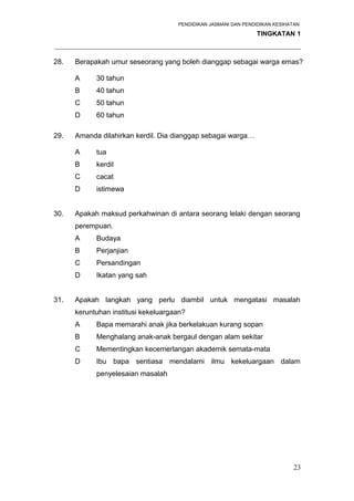 PENDIDIKAN JASMANI DAN PENDIDIKAN KESIHATAN 
TINGKATAN 1 
_____________________________________________________________________ 
28. Berapakah umur seseorang yang boleh dianggap sebagai warga emas? 
A 30 tahun 
B 40 tahun 
C 50 tahun 
D 60 tahun 
29. Amanda dilahirkan kerdil. Dia dianggap sebagai warga… 
A tua 
B kerdil 
C cacat 
D istimewa 
30. Apakah maksud perkahwinan di antara seorang lelaki dengan seorang 
perempuan. 
A Budaya 
B Perjanjian 
C Persandingan 
D Ikatan yang sah 
31. Apakah langkah yang perlu diambil untuk mengatasi masalah 
keruntuhan institusi kekeluargaan? 
A Bapa memarahi anak jika berkelakuan kurang sopan 
B Menghalang anak-anak bergaul dengan alam sekitar 
C Mementingkan kecemerlangan akademik semata-mata 
D Ibu bapa sentiasa mendalami ilmu kekeluargaan dalam 
penyelesaian masalah 
23 
 