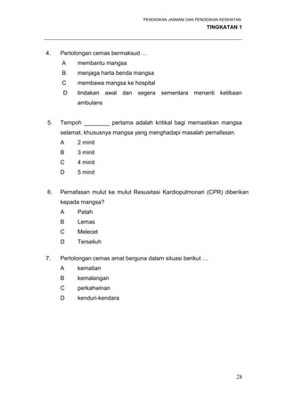 PENDIDIKAN JASMANI DAN PENDIDIKAN KESIHATAN 
TINGKATAN 1 
_____________________________________________________________________ 
4. Pertolongan cemas bermaksud … 
A membantu mangsa 
B menjaga harta benda mangsa 
C membawa mangsa ke hospital 
D tindakan awal dan segera sementara menanti ketibaan 
ambulans 
5. Tempoh ________ pertama adalah kritikal bagi memastikan mangsa 
selamat, khususnya mangsa yang menghadapi masalah pernafasan. 
A 2 minit 
B 3 minit 
C 4 minit 
D 5 minit 
6. Pernafasan mulut ke mulut Resusitasi Kardiopulmonari (CPR) diberikan 
kepada mangsa? 
A Patah 
B Lemas 
C Melecet 
D Terseliuh 
7. Pertolongan cemas amat berguna dalam situasi berikut … 
A kematian 
B kemalangan 
C perkahwinan 
D kenduri-kendara 
28 
 