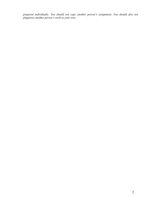 prepared individually. You should not copy another person’s assignment. You should also not
plagiarise another person’s work as your own.




                                                                                      2
 