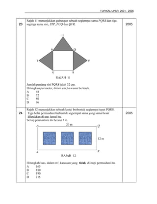 TOPIKAL UPSR 2001 - 2006


     Rajah 11 menunjukkan gabungan sebuah segiempat sama PQRS dan tiga
23   segitiga sama sisi, STP, PUQ dan QVR.                                       2005


                                U



                       P                 Q


            T                                       V


                        S               R
                            RAJAH 11

     Jumlah panjang sisi PQRS ialah 32 cm.
     Hitungkan perimeter, dalam cm, kawasan berlorek.
     A     48
     B     72
     C     80
     D     96

     Rajah 12 menunjukkan sebuah lantai berbentuk segiempat tepat PQRS.
24    Tiga helai permaidani berbentuk segiempat sama yang sama besar             2005
      diletakkan di atas lantai itu.
     Setiap permaidani itu bersisi 5 m.
                                      20 m                  Q
             P



                                                            12 m



            S                                              R
                               RAJAH 12

     Hitungkah luas, dalam m², kawasan yang tidak dilitupi permaidani itu.
     A     165
     B     180
     C     190
     D     215
 