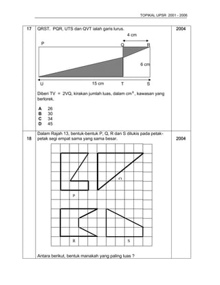 TOPIKAL UPSR 2001 - 2006


17   QRST. PQR, UTS dan QVT ialah garis lurus.                              2004
                                                   4 cm

      P                                        Q             R



                                                          6 cm



      U                         15 cm          T             S

     Diberi TV = 2VQ, kirakan jumlah luas, dalam cm², kawasan yang
     berlorek.

     A    26
     B    30
     C    34
     D    45

     Dalam Rajah 13, bentuk-bentuk P, Q, R dan S dilukis pada petak-
18   petak segi empat sama yang sama besar.                                 2004




                                             Q


                      P




                      R                            S


     Antara berikut, bentuk manakah yang paling luas ?
 