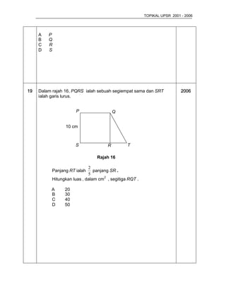 TOPIKAL UPSR 2001 - 2006




     A   P
     B   Q
     C   R
     D   S




19   Dalam rajah 16, PQRS ialah sebuah segiempat sama dan SRT              2006
     ialah garis lurus.


                      P                   Q


                 10 cm



                      S               R         T

                                 Rajah 16

                             2
           Panjang RT ialah     panjang SR .
                             5
           Hitungkan luas , dalam cm2 , segitiga RQT .

          A      20
          B      30
          C      40
          D      50
 
