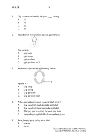 SULIT 3
DUNIA SAINS DAN TEKNOLOGI TAHUN 3
SEKOLAH RENDAH ISLAM AS SYDDIQ
5. Gigi susu manusia terdiri daripada ____ batang.
A. 10
B. 15
C. 20
D. 25
6. Rajah berikut menunjukkan sejenis gigi manusia.
Gigi ini ialah
A. gigi kacip
B. gigi taring
C. gigi geraham
D. gigi geraham kecil
7. Rajah menunjukkan set gigi seorang dewasa.
Apakah P ?
A. Gigi kacip
B. Gigi taring
C. Gigi geraham
D. Gigi geraham kecil
8. Antara pernyataan berikut, yang manakah benar ?
A. Gigi susu lebih kuat daripada gigi kekal
B. Gigi susu lebih besar daripada gigi kekal
C. Bilangan gigi susu lebih daripada gigi kekal
D. Jangka hayat gigi kekal lebih daripada gigi susu.
9. Bahagian gigi yang paling keras ialah
A. enamel
B. dentin
P
 
