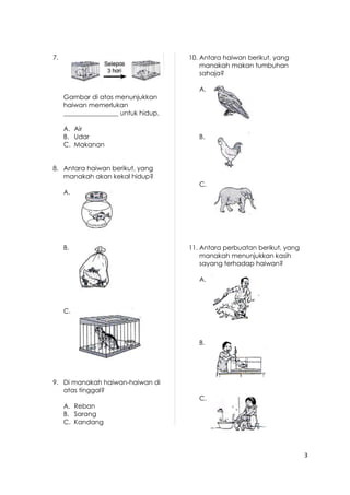 3 
7. 
Gambar di atas menunjukkan 
haiwan memerlukan 
_________________ untuk hidup. 
A. Air 
B. Udar 
C. Makanan 
8. Antara haiwan berikut, yang 
manakah akan kekal hidup? 
A. 
B. 
C. 
9. Di manakah haiwan-haiwan di 
atas tinggal? 
A. Reban 
B. Sarang 
C. Kandang 
10. Antara haiwan berikut, yang 
manakah makan tumbuhan 
sahaja? 
A. 
B. 
C. 
11. Antara perbuatan berikut, yang 
manakah menunjukkan kasih 
sayang terhadap haiwan? 
A. 
B. 
C. 
 