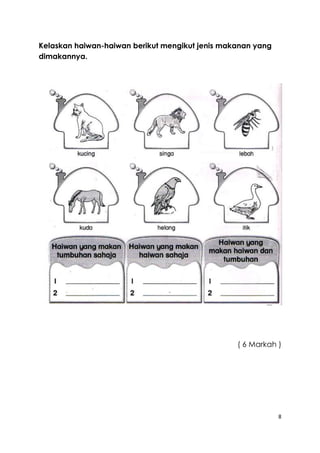 8 
Kelaskan haiwan-haiwan berikut mengikut jenis makanan yang 
dimakannya. 
( 6 Markah ) 
 