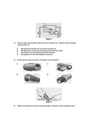 Rajah 3
13. Rajah di atas menunjukkan sebuah tangki simpanan air. Apakah fungsi bahagian
yang berlabel X?
A. Mengawal kemasukan air ke tangki simpanan air
B. Mengeluarkan air semasa kerja-kerja pembersihan tangki
C. Menyalurkan air jika pelampung tidak berfungsi
D. Mengagihkan air ke kelengkapan perpaipan
14. Antara berikut yang manakah merupakan soket pengecil?
A. C
.
B. D
.
Rajah 4
15. Rajah menunjukkan sesuatu proses perpaipan. Apakah proses perpaipan yang
 