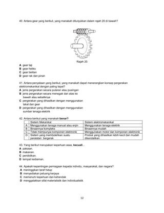 40. Antara gear yang berikut, yang manakah ditunjukkan dalam rajah 20 di bawah?

Rajah 20
A
B
C
D

gear taji
gear heliks
gear belitan
gear rak dan pinan

41. Antara penyataan yang berikut, yang manakah dapat menerangkan konsep pergerakan
elektromekanikal dengan paling tepat?
A jenis pergerakan secara putaran atau pusingan
B jenis pergerakan secara menegak dari atas ke
bawah atau sebaliknya
C pergerakan yang dihasilkan dengan menggunakan
takal dan gear
D pergerakan yang dihasilkan dengan menggunakan
sumber tenaga elektrik
42. Antara berikut yang manakah benar?
Sistem Mekanikal
A Menggunakan tenaga manual atau enjin
B Binaannya kompleks
C Tidak mempunyai komponen elektronik
D Sistem yang membolehkan suatu
peralatan bergerak

Sistem elektromekanikal
Menggunakan tenaga elektrik
Binaannya mudah
Menggunakan motor dan komponen elektronik
Produk yang dihasilkan lebih kecil dan mudah
dikendalikan

43. Yang berikut merupakan keperluan asas, kecuali...
A pakaian.
B makanan.
C pendidikan.
D tempat kediaman.
44. Apakah kepentingan perniagaan kepada individu, masyarakat, dan negara?
A meninggikan taraf hidup
B menyediakan peluang kerjaya
C memenuhi keperluan dan kehendak
D menggalakkan sifat materialistik dan individualistik

12

 