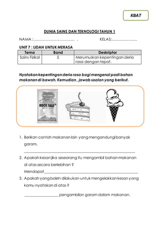 Soalan Kbar Dan Kbat Dst Tahun 1