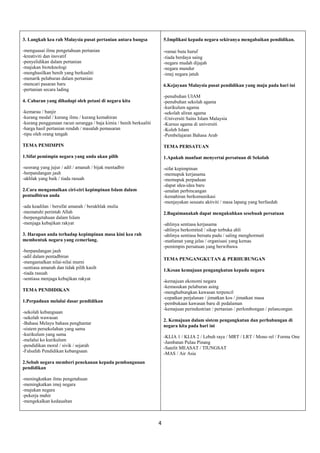 4 
3. Langkah kea rah Malaysia pusat pertanian antara bangsa 
-menguasai ilmu pengetahuan pertanian 
-kreativiti dan inovatif 
-penyelidikan dalam pertanian 
-majukan bioteknologi 
-menghasilkan benih yang berkualiti 
-menarik pelaburan dalam pertanian 
-mencari pasaran baru 
-pertanian secara lading 
4. Cabaran yang dihadapi oleh petani di negara kita 
-kemarau / banjir 
-kurang modal / kurang ilmu / kurang kemahiran 
-kurang penggunaan racun serangga / baja kimia / benih berkualiti 
-harga hasil pertanian rendah / masalah pemasaran 
-tipu oleh orang tengah 
TEMA PEMIMPIN 
1.Sifat pemimpin negara yang anda akan pilih 
-seorang yang jujur / adil / amanah / bijak mentadbir 
-berpandangan jauh 
-akhlak yang baik / tiada rasuah 
2.Cara mengamalkan ciri-ciri kepimpinan Islam dalam pentadbiran anda 
-ada keadilan / bersifat amanah / berakhlak mulia 
-mematuhi perintah Allah 
-berpengetahuan dalam Islam 
-menjaga kebajikan rakyat 
3. Harapan anda terhadap kepimpinan masa kini kea rah membentuk negara yang cemerlang. 
-berpandangan jauh 
-adil dalam pentadbiran 
-mengamalkan nilai-nilai murni 
-sentiasa amanah dan tidak pilih kasih 
-tiada rasuah 
-sentiasa menjaga kebajikan rakyat 
TEMA PENDIDIKAN 
1.Perpaduan melalui dasar pendidikan 
-sekolah kebangsaan 
-sekolah wawasan 
-Bahasa Melayu bahasa penghantar 
-sistem persekolahan yang sama 
-kurikulum yang sama 
-melalui ko kurikulum 
-pendidikan moral / sivik / sejarah 
-Falsafah Pendidikan kebangsaan 
2.Sebab negara memberi penekanan kepada pembangunan pendidikan 
-meningkatkan ilmu pengetahuan 
-meningkatkan imej negara 
-majukan negara 
-pekerja mahir 
-mengekalkan kedaualtan 
5.Implikasi kepada negara sekiranya mengabaikan pendidikan. 
-ramai buta huruf 
-tiada berdaya saing 
-negara mudah dijajah 
-negara mundur 
-imej negara jatuh 
6.Kejayaan Malaysia pusat pendidikan yang maju pada hari ini 
-penubuhan UIAM 
-penubuhan sekolah agama 
-kurikulum agama 
-sekolah aliran agama 
-Universiti Sains Islam Malaysia 
-Kursus agama di universiti 
-Koleh Islam 
-Pembelajaran Bahasa Arab 
TEMA PERSATUAN 
1.Apakah manfaat menyertai persatuan di Sekolah 
-sifat kepimpinan 
-memupuk kerjasama 
-memupuk perpaduan 
-dapat idea-idea baru 
-amalan perbincangan 
-kemahiran berkomunikasi 
-menjayakan sesuatu aktiviti / masa lapang yang berfaedah 
2.Bagaimanakah dapat mengukuhkan sesebuah persatuan 
-ahlinya sentiasa kerjasama 
-ahlinya berkomited / sikap terbuka ahli 
-ahlinya sentiasa bersatu padu / saling menghormati 
-matlamat yang jelas / organisasi yang kemas 
-pemimpin persatuan yang berwibawa 
TEMA PENGANGKUTAN & PERHUBUNGAN 
1.Kesan kemajuan pengangkutan kepada negara 
-kemajuan ekonomi negara 
-kemasukan pelaburan asing 
-menghubungkan kawasan terpencil 
-cepatkan perjalanan / jimatkan kos / jimatkan masa 
-pembukaan kawasan baru di pedalaman 
-kemajuan perindustrian / pertanian / perlombongan / pelancongan 
2. Kemajuan dalam sistem pengangkutan dan perhubungan di negara kita pada hari ini 
-KLIA 1 / KLIA 2 / Lebuh raya / MRT / LRT / Mono rel / Formu One 
-Jambatan Pulau Pinang 
-Satelit MEASAT / TIUNGSAT 
-MAS / Air Asia  