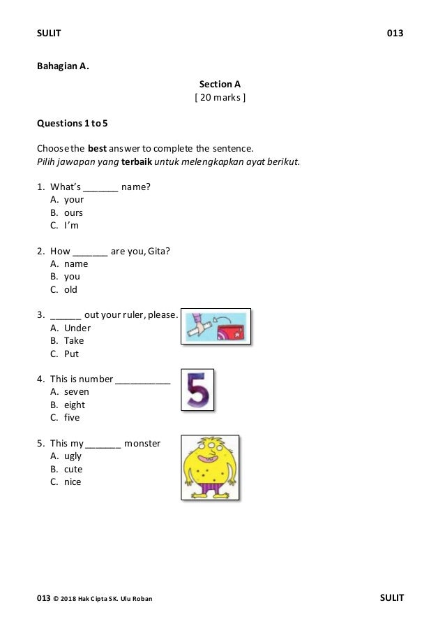 Soalan Kertas I Bahasa Inggeris Tahun 1 Akhir Tahun Cefr