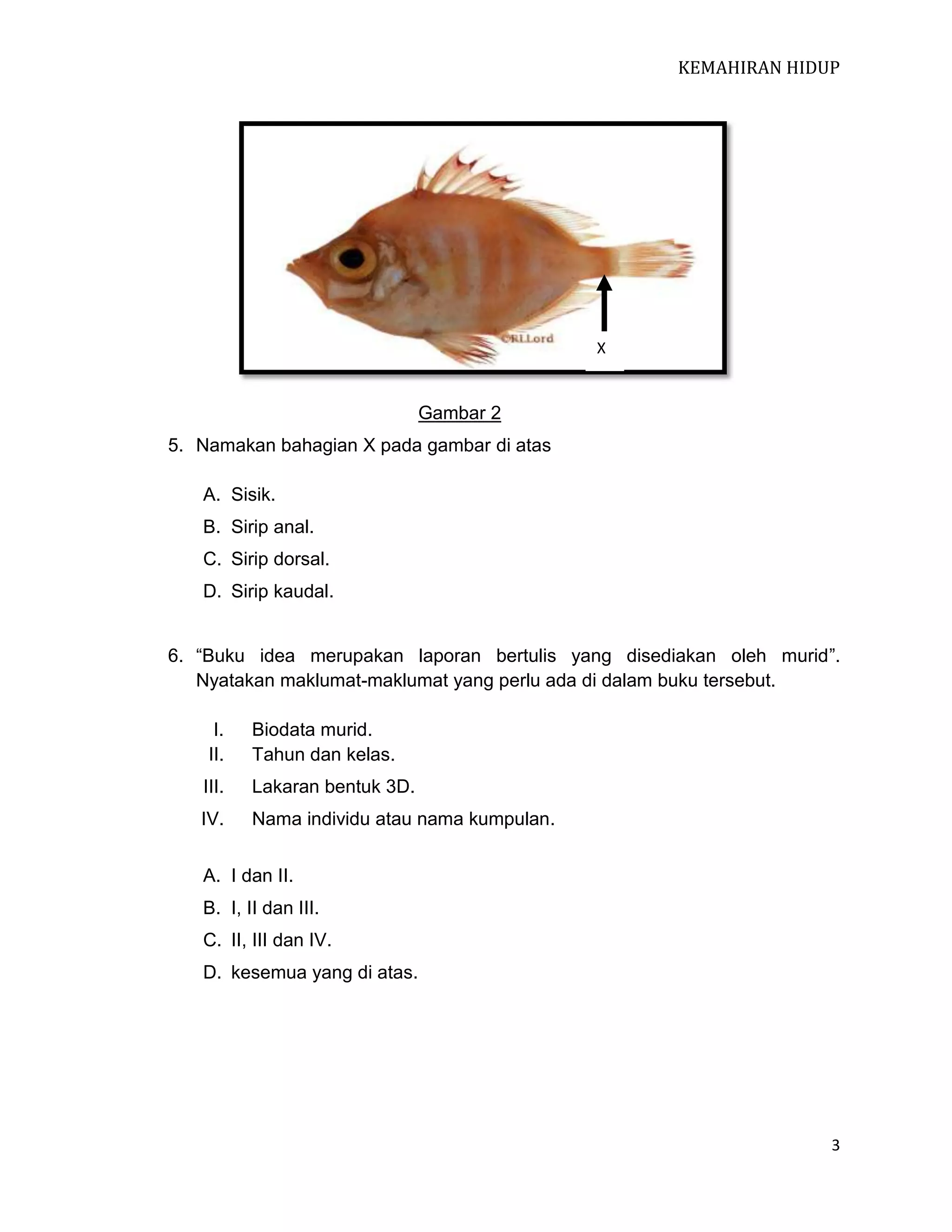 KEMAHIRAN HIDUP

X

Gambar 2
5. Namakan bahagian X pada gambar di atas
A. Sisik.
B. Sirip anal.
C. Sirip dorsal.
D. Sirip kaudal.
6. “Buku idea merupakan laporan bertulis yang disediakan oleh murid”.
Nyatakan maklumat-maklumat yang perlu ada di dalam buku tersebut.
I.
II.

Biodata murid.
Tahun dan kelas.

III.

Lakaran bentuk 3D.

IV.

Nama individu atau nama kumpulan.

A. I dan II.
B. I, II dan III.
C. II, III dan IV.
D. kesemua yang di atas.

3

 