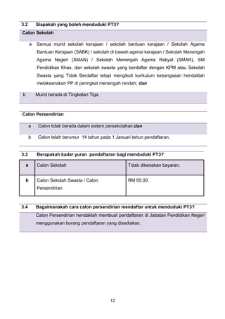 12
3.2 Siapakah yang boleh menduduki PT3?
Calon Sekolah
a Semua murid sekolah kerajaan / sekolah bantuan kerajaan / Sekolah Agama
Bantuan Kerajaan (SABK) / sekolah di bawah agensi kerajaan / Sekolah Menengah
Agama Negeri (SMAN) / Sekolah Menengah Agama Rakyat (SMAR), SM
Pendidikan Khas, dan sekolah swasta yang berdaftar dengan KPM atau Sekolah
Swasta yang Tidak Berdaftar tetapi mengikuti kurikulum kebangsaan hendaklah
melaksanakan PP di peringkat menengah rendah; dan
b Murid berada di Tingkatan Tiga
Calon Persendirian
a Calon tidak berada dalam sistem persekolahan;dan
b Calon telah berumur 14 tahun pada 1 Januari tahun pendaftaran.
3.3 Berapakah kadar yuran pendaftaran bagi menduduki PT3?
a Calon Sekolah Tidak dikenakan bayaran.
b Calon Sekolah Swasta / Calon
Persendirian
RM 65.00.
3.4 Bagaimanakah cara calon persendirian mendaftar untuk menduduki PT3?
Calon Persendirian hendaklah membuat pendaftaran di Jabatan Pendidikan Negeri
menggunakan borang pendaftaran yang disediakan.
 