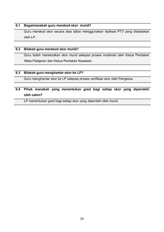 24
6.1 Bagaimanakah guru merekod skor murid?
Guru merekod skor secara atas talian menggunakan Aplikasi PT3 yang disediakan
oleh LP.
6.2 Bilakah guru merekod skor murid?
Guru boleh merekodkan skor murid selepas proses moderasi oleh Ketua Pentaksir
Mata Pelajaran dan Ketua Pentaksir Kawasan.
6.3 Bilakah guru menghantar skor ke LP?
Guru menghantar skor ke LP selepas proses verifikasi skor oleh Pengetua.
6.4 Pihak manakah yang menentukan gred bagi setiap skor yang diperolehi
oleh calon?
LP menentukan gred bagi setiap skor yang diperoleh oleh murid.
 