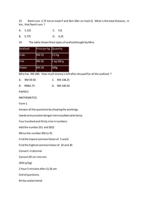 23 Ramli runs 2.75 kmon track P and 3km 50m on track Q. What is the total distance, in
km, that Ramli runs ?
A. 5.125 C. 5.8
B. 5.775 D. 6.25
24 The table showsthree typesof seafoodboughtbyMira.
Seafood Price perkg Quantity
Crab RM 25 3.5 kg
Fish RM 26 1 kg 500 g
Prawn RM 28 500g
Mira has RM 200. How muchmoneyisleftaftershe paidfor all the seafood ?
A. RM 59.50 C. RM 138.25
B. RM61.75 D. RM 140.50
PAPER2
MATHEMATICS
Form 1
Answerall the questionsbyshowingthe workings.
Jawabsemuasoalandenganmenunjukkanjalankerja.
Four hundredand thirtynine innumbers
Addthe number251 and3012
Minusthe number203 to 91
Findthe lowestcommonfactorof 2 and6
Findthe highestcommonfactorof 10 and 30
Convert indecimal
Convert20 cm intomm
2010 g (kg)
2 hour5 minutesafter11.56 am
End of questions.
Kertassoalantamat
 
