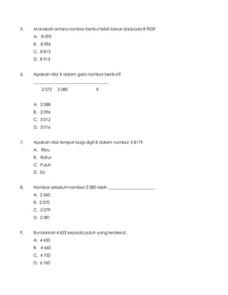 5. Manakah antara nombor berikut lebih besar daripada 8 903?
A. 8 093
B. 8 096
C. 8 813
D. 8 913
6. Apakah nilai X dalam garis nombor berikut?
____________________________________
2 072 2 080 X
A. 2 088
B. 2 096
C. 3 012
D. 3 016
7. Apakah nilai tempat bagi digit 8 dalam nombor 3 817?
A. Ribu
B. Ratus
C. Puluh
D. Sa
8. Nombor sebelum nombor 2 080 ialah ______________________ .
A. 2 060
B. 2 070
C. 2 079
D. 2 081
9. Bundarkan 4 653 kepada puluh yang terdekat.
A. 4 650
B. 4 660
C. 4 750
D. 6 760
 