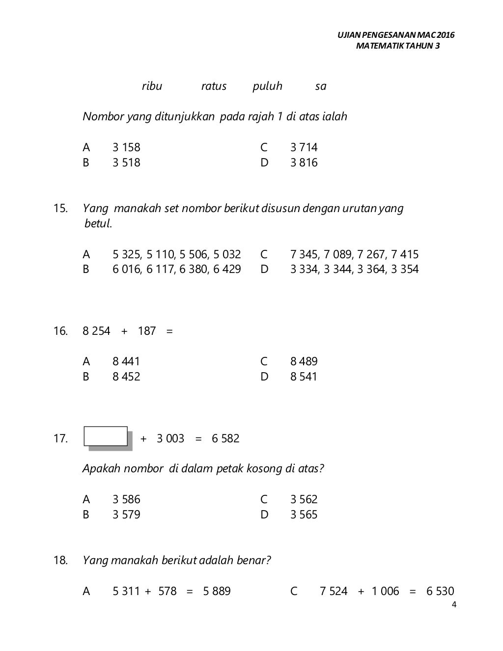 Soalan matematik tahun 3