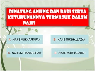 Binatang Anjing dan Babi serta
keturunannya termasuk dalam
     najis _______________


A. NAJIS MUKHAFFAFAH    B. NAJIS MUGHALLAZAH




C. NAJIS MUTAWASSITAH   D. NAJIS MUDHARABAH
 