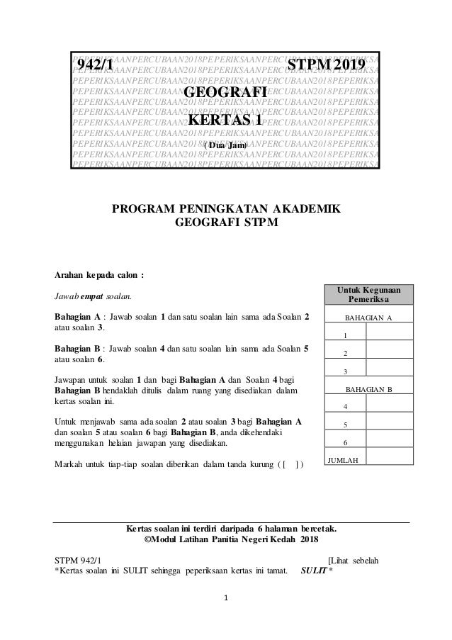 Soalan Percubaan Geografi Semester 1 STPM 2019- Kedah