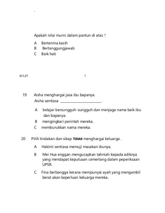 Soalan pendidikan moral tahun 2 ub1
