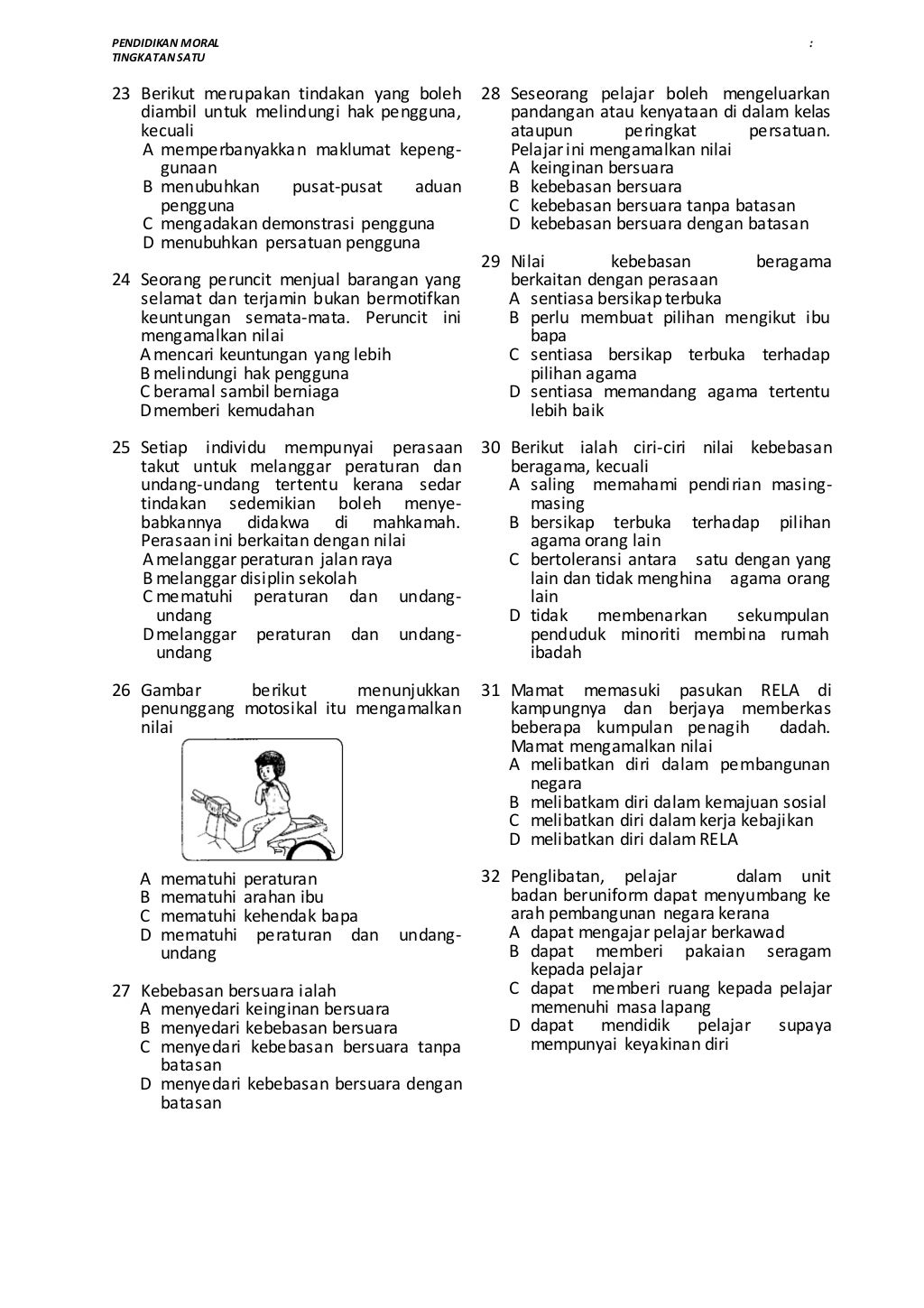 Soalan pendidkan moral tingkatan 1