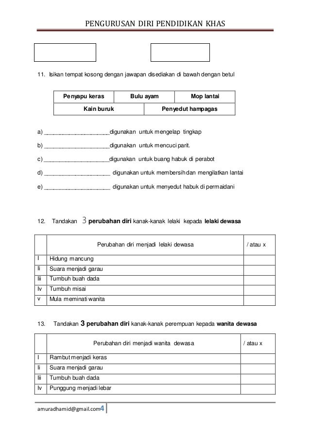 Soalan Pengurusan Diri Pendidikan Khas Tahun 4