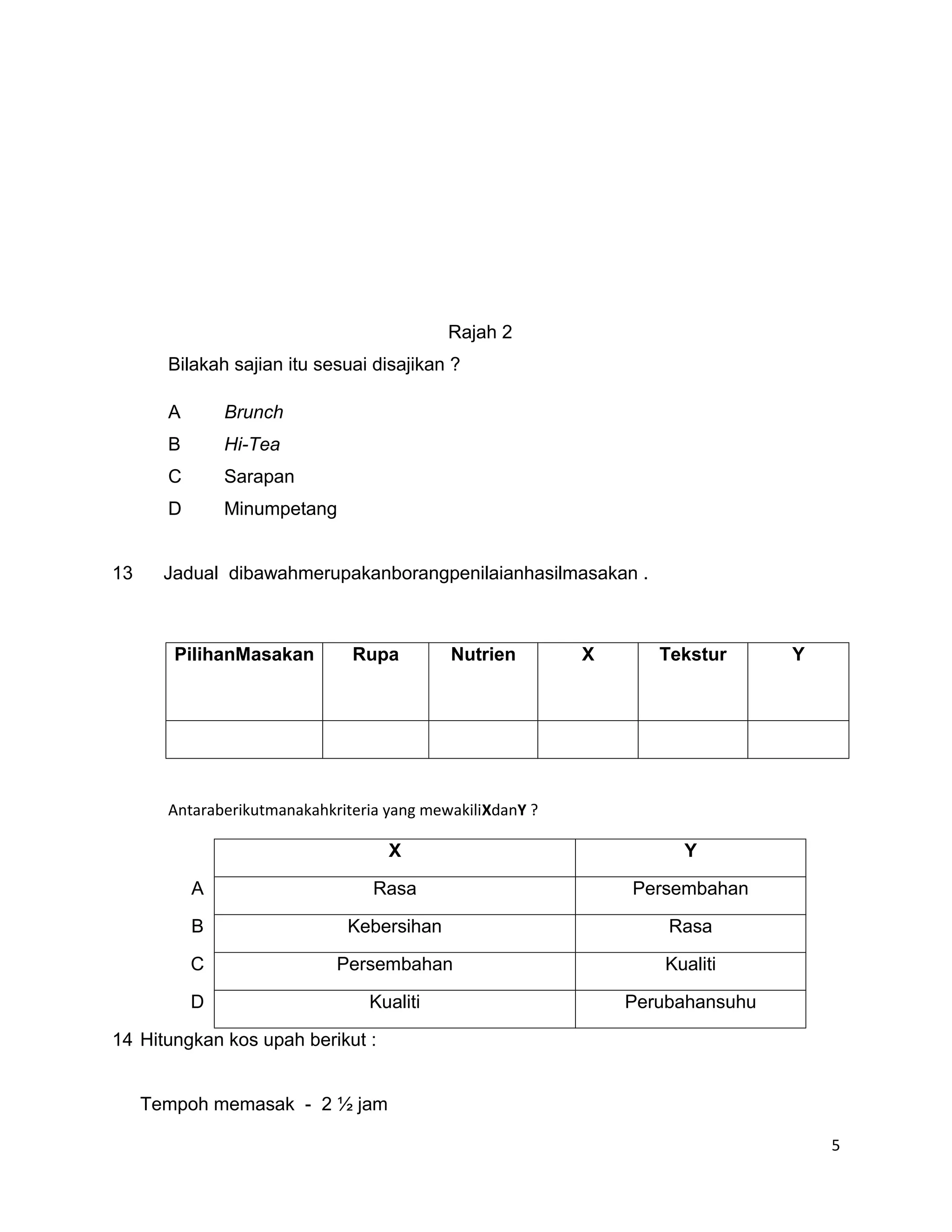 Rajah 2
       Bilakah sajian itu sesuai disajikan ?

       A       Brunch
       B       Hi-Tea
       C       Sarapan
       D       Minumpetang


13     Jadual dibawahmerupakanborangpenilaianhasilmasakan .



        PilihanMasakan         Rupa         Nutrien        X      Tekstur      Y




       Antaraberikutmanakahkriteria yang mewakiliXdanY ?

                                    X                               Y

           A                      Rasa                         Persembahan

           B                  Kebersihan                           Rasa

           C                 Persembahan                          Kualiti

           D                     Kualiti                       Perubahansuhu

14 Hitungkan kos upah berikut :


     Tempoh memasak - 2 ½ jam

                                                                                   5
 