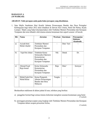 PEPERIKSAAN AKHIR SEMESTER 3, 2011/2012
BAHASA MELAYU KERJAYA (SAINS SOSIAL) (LM 2023)
BAHAGIAN A
(10 MARKAH)
ARAHAN: Tulis jawapan anda pada buku jawapan yang disediakan.
1. Satu Majlis Sambutan Hari Kualiti Jabatan Perancangan Bandar dan Desa Peringkat
Kebangsaan bagi tahun 2012 akan diadakan di Dewan Seri Utama, Hotel De Palma, Kuala
Lumpur. Majlis yang bakal disempurnakan oleh Timbalan Menteri Perumahan dan Kerajaan
Tempatan dan turut dihadiri oleh tetamu-tetamu kenamaan lain seperti senarai di bawah.
Berdasarkan maklumat di dalam jadual di atas, tuliskan yang berikut:
a) panggilan hormat bagi semua tetamu kehormat mengikut susunan keutamaan yang betul.
(5 markah)
b) perenggan penutup ucapan yang lengkap oleh Timbalan Menteri Perumahan dan Kerajaan
Tempatan dalam ucapan perasmian beliau.
(5 markah)
2
Bil. Nama Jawatan Warisan Kurniaan Pencapaian
Ikhtisas/
Akademik
a) Azizah binti
Mohd. khalid
Timbalan Menteri
Perumahan dan
Kerajaan Tempatan
- Dato’ Seri -
b) Tajul bin Johari Timbalan Ketua
Setiausaha (Operasi)
Kementerian
Perumahan dan
Kerajaan Tempatan
Nik Datuk Dr.
c) Ahmad Fuad
Raja Ismail
Ketua Setiausaha
Kementerian
Perumahan dan
Kerajaan Tempatan
Raja Dato’ Insinyur
d) Mohd.Fadzil bin
Mohd Khiar
Ketua Pengarah,
Jabatan Perancangan
Bandar dan Desa
Malaysia
Tengku - -
 