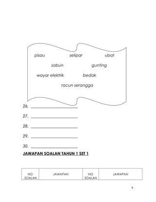 26. _______________________
27. _______________________
28. _______________________
29. _______________________
30. _______________________
JAWAPAN SOALAN TAHUN 1 SET 1
NO
.SOALAN
JAWAPAN NO
SOALAN
JAWAPAN
8
pisau selipar ubat
sabun gunting
wayar elektrik bedak
racun serangga
 